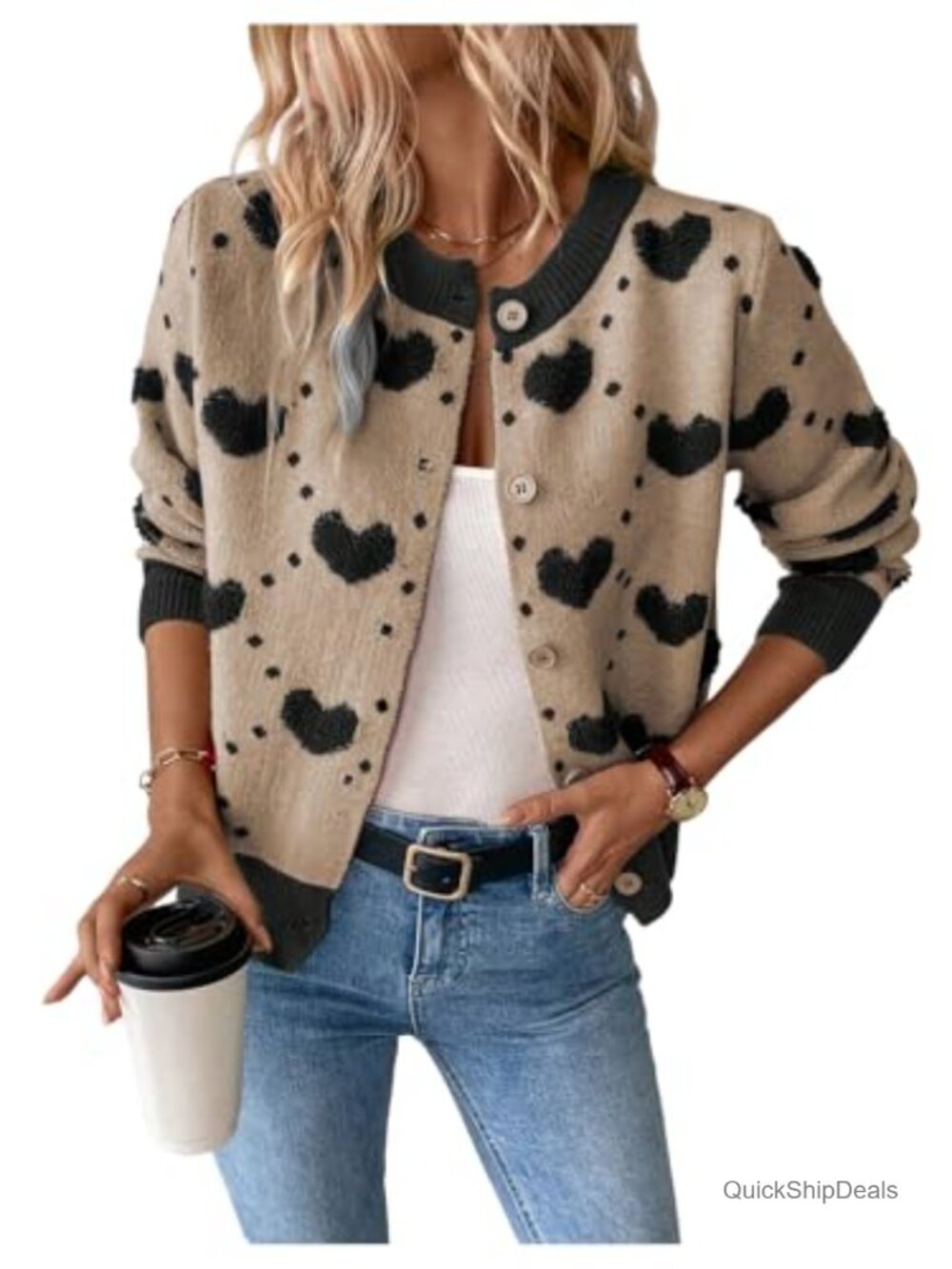 Heart Print Button Down Cardigan Chunky Knit Loose Fit Fall Winter